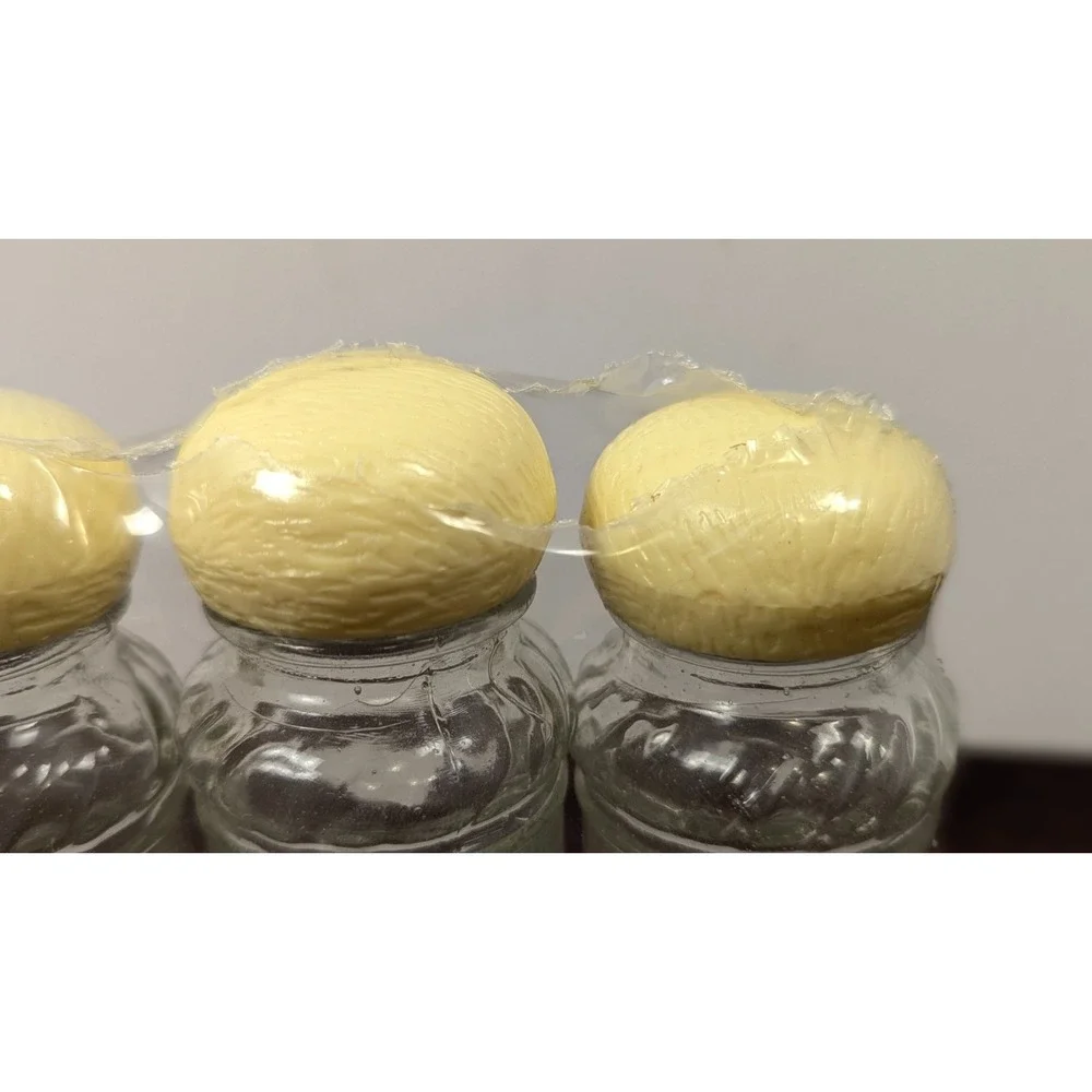 HP Vintage Set of 6 Glass Spice Jars Mushroom Lids Cream Clear Kitchen Storage